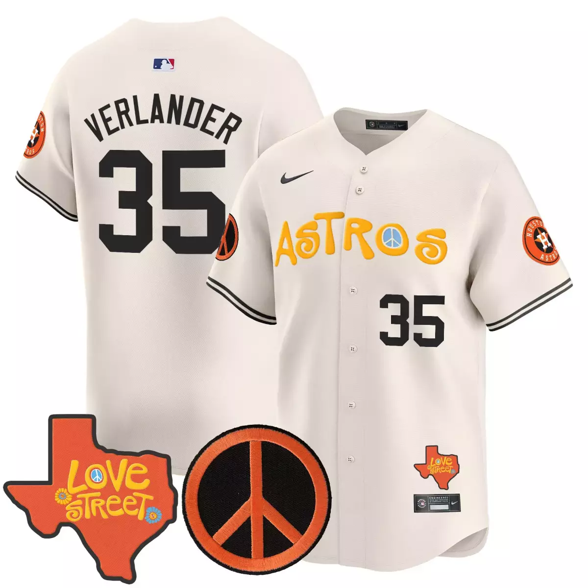 Verlander Love 35 Astros Jersey White Street Peace Sign Men Black Orange Yellow Vapor