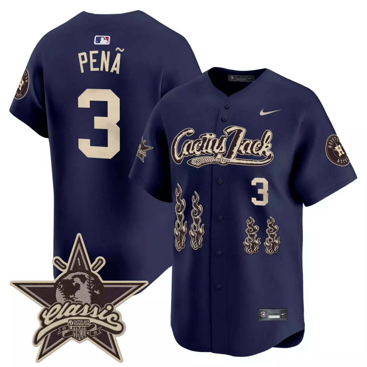 Jeremy Pena 3 Astros Jersey Navy Cactus Jack Foundation Hbcu Classic 2023 Men Tan