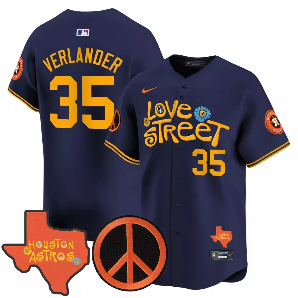 Justin Verlander 35 Jersey Navy Love Street Houston Astros Peace Sign Texas Outline