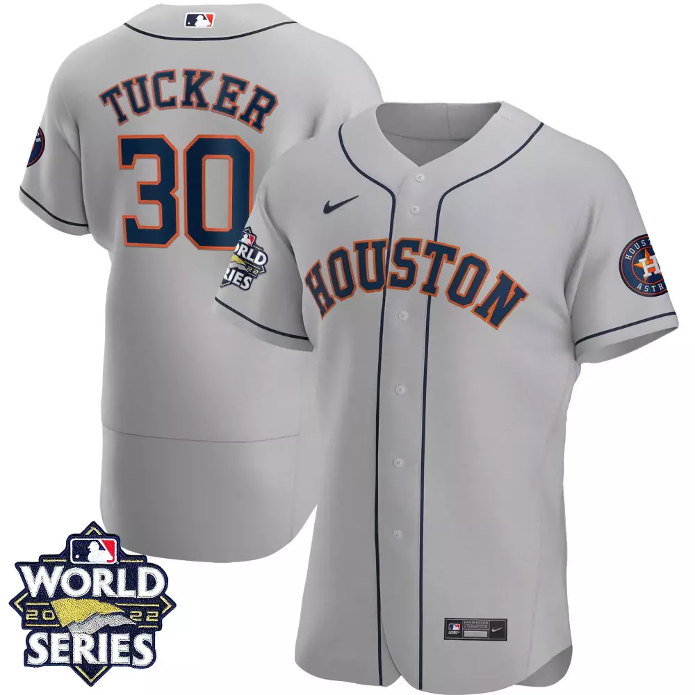 Kyle Tucker 30 Houston Astros Jersey Gray 2022 World Series Men Navy Orange All Stitched