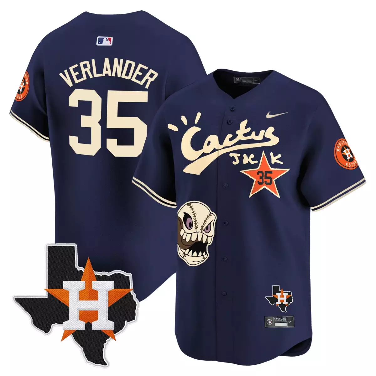 Justin Verlander 35 Jersey Navy Cactus Jack Houston Astros Team Texas Shape Men Cream