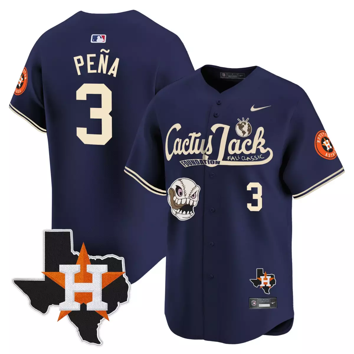 Jeremy Pena 3 Houston Astros Jersey Navy Blue Cactus Jack Fall Classic Texas Star Foundation 2023