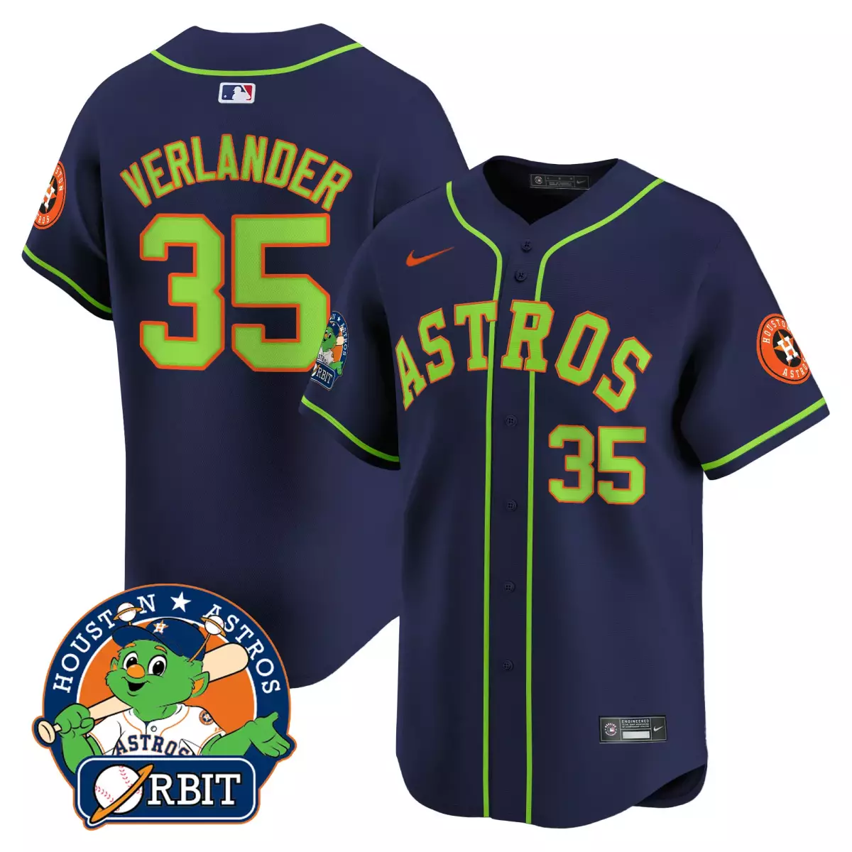 Justin Verlander 35 Jersey Navy Blue Houston Astros Orbit Mascot Men Lime Green Vapor