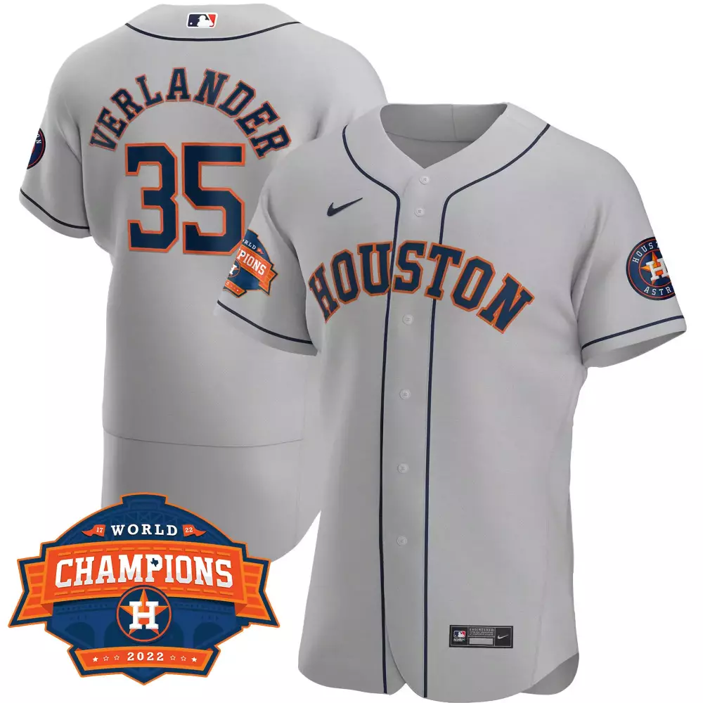 Justin Verlander 35 Jersey Gray World Series Champions Houston Astros 2022 Men Navy