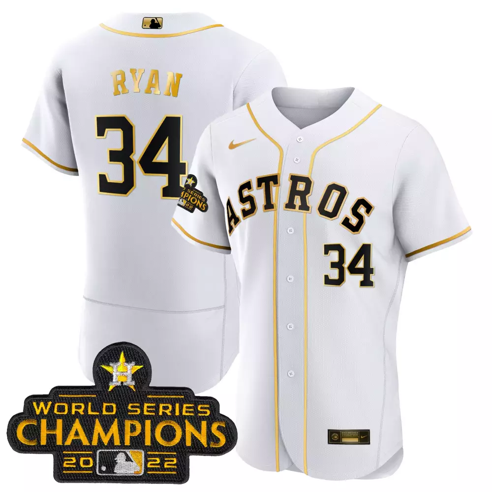 Nolan Ryan 34 Astros Jersey White World Series Champions 2022 Men Gold Black Flex