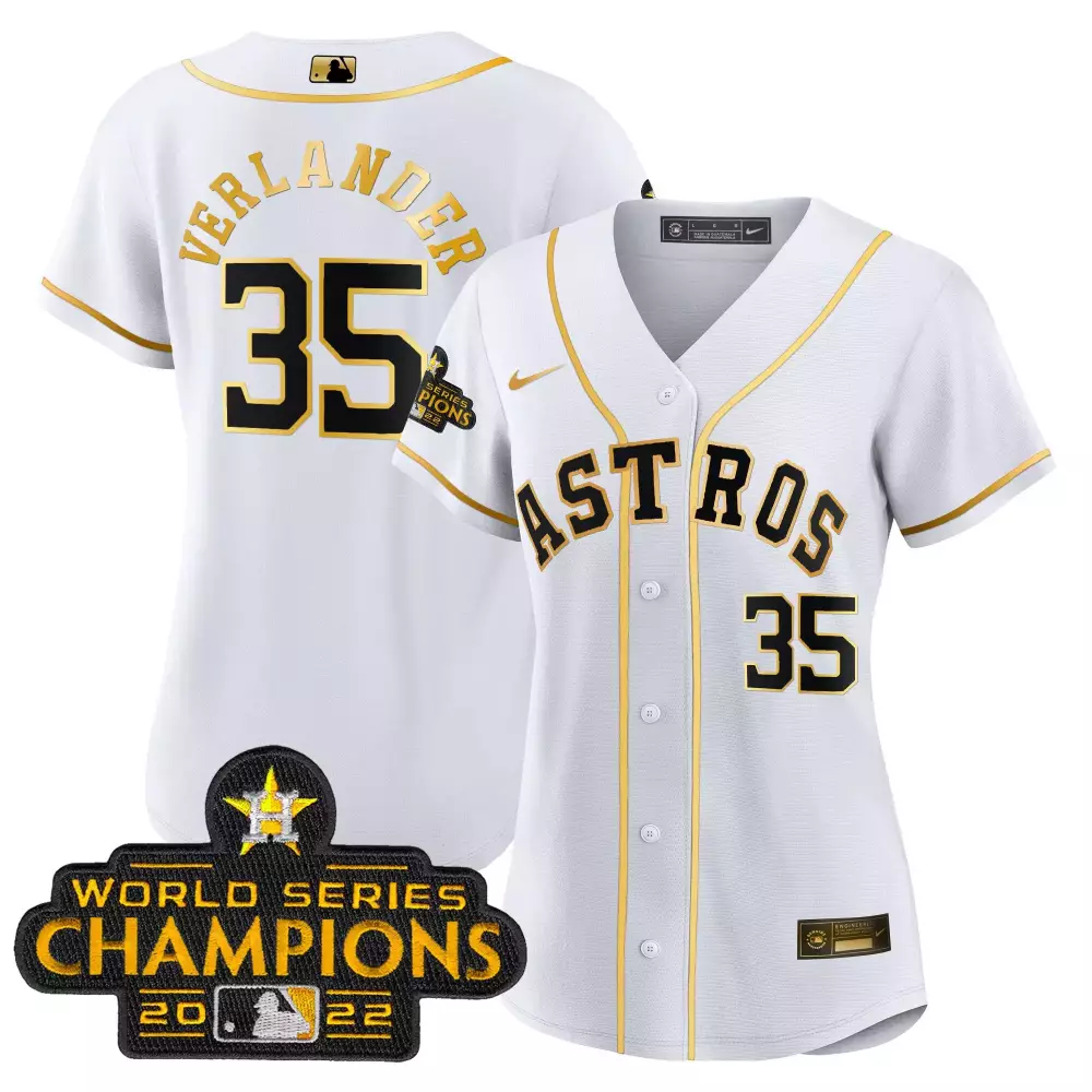Justin Verlander 35 Astros Jersey White World Series Champions 2022 Men Gold Black