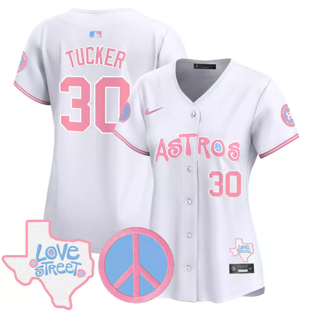 Tucker Love 30 Astros Jersey White Street Texas Peace Symbol Men Pink Light Blue