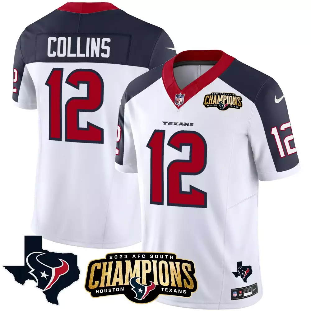 Nico Collins 12 Houston Texans Jersey White 2023 AFC South Champions Men Navy Blue
