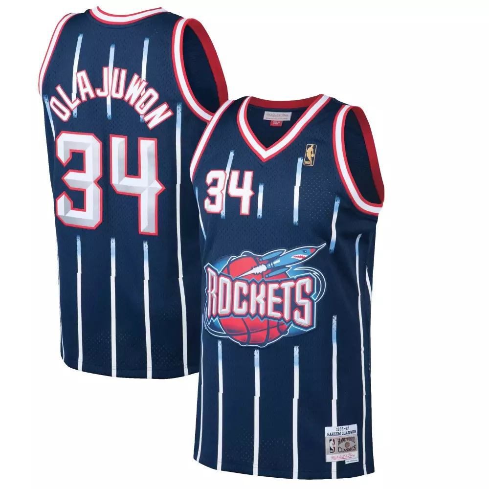 Hakeem Olajuwon 34 Rockets Jersey Navy Hardwood Classics Men White Red All Stitched