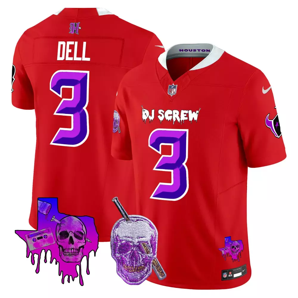 Tank Dell 3 Houston Texans Jersey Red Dj Screw Texas Outline Skull Cigar Men Purple