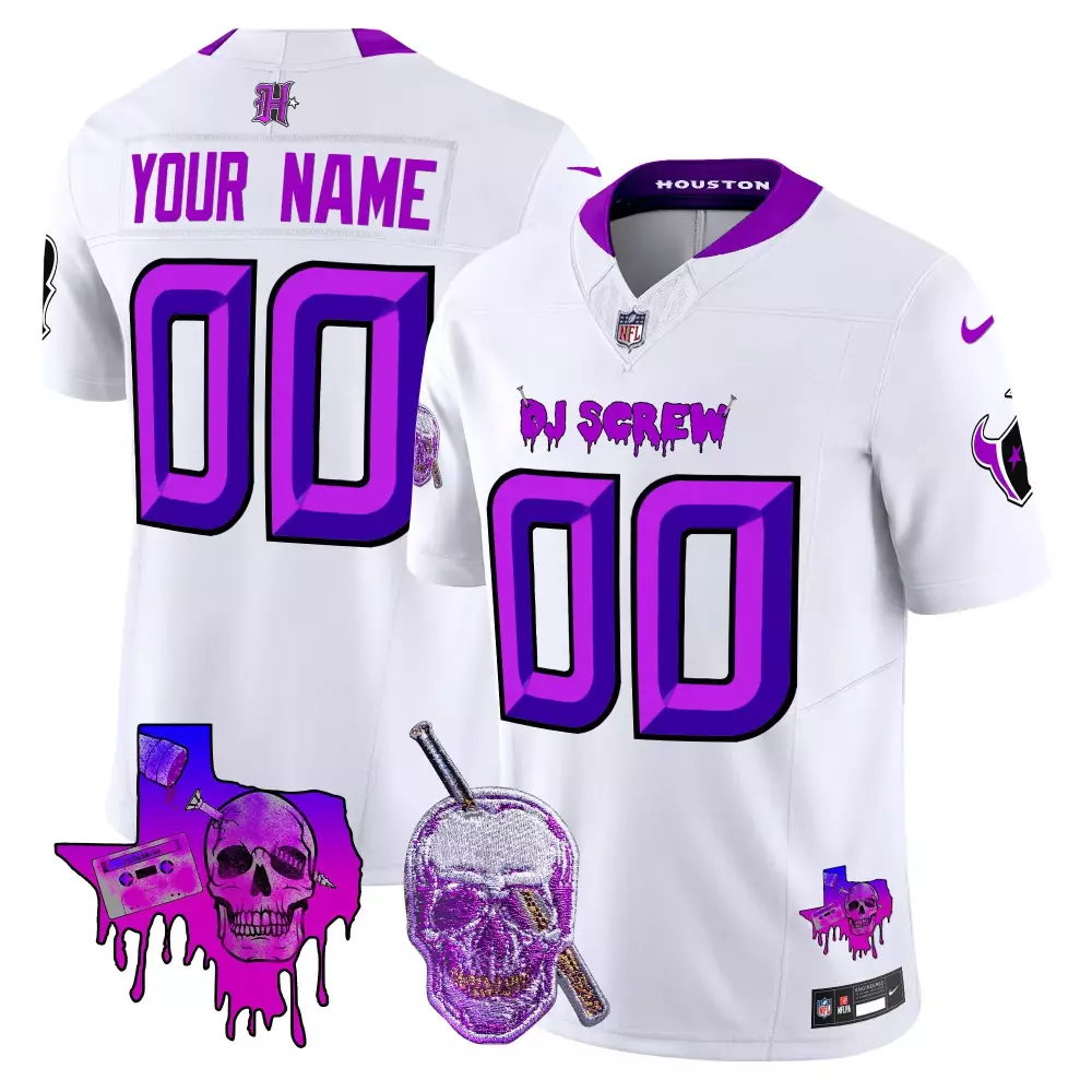 Custom Houston Texans Jersey White Dj Screw Skull Lollipop 2023 Men Purple All Stitched