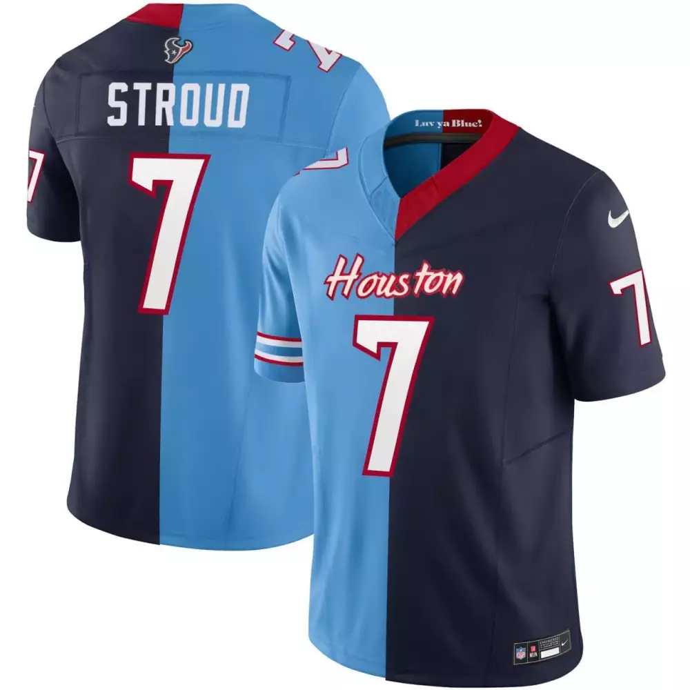 C.j. Stroud 7 Houston Texans Jersey Navy Blue Men Split Design Light Red All Stitched