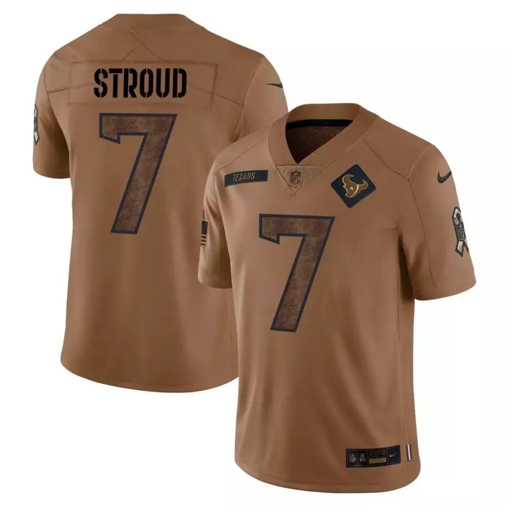 C.j. Stroud 7 Texans Jersey Brown Salute To Service Label Men Navy Tan All Stitched