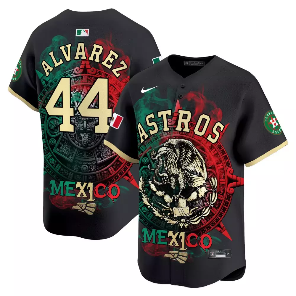 Alvarez 44 Astros Jersey Black Mexico Flag Men Inverted Custom Design Gold Red Green
