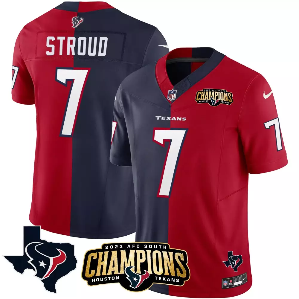 C.j. Stroud 7 Texans Jersey Red 2023 AFC South Champions Men Split Design Navy All