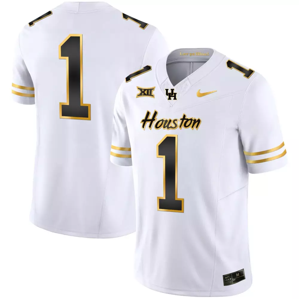 Custom Houston 1 Jersey White Big Black Gold All Stitched