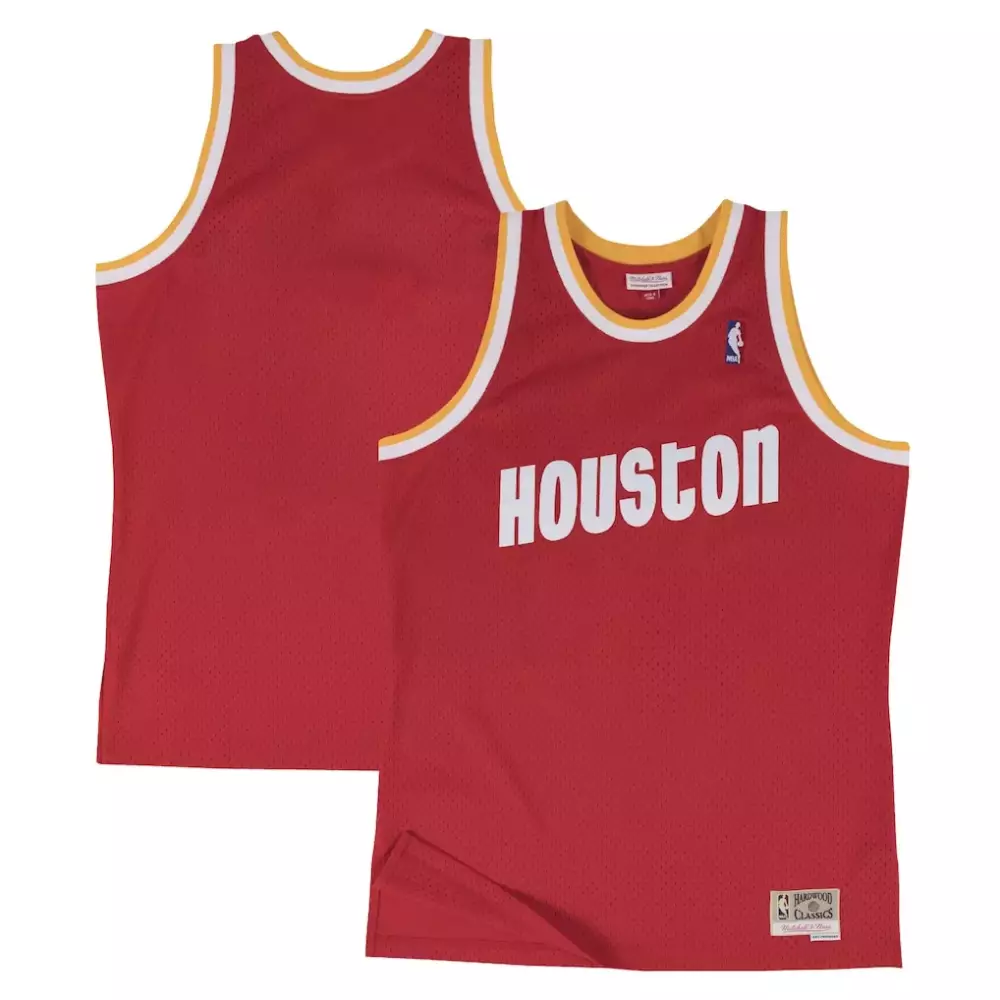 Houston Rockets Jersey Red Men Wordmark Yellow White Hardwood Classics Swingman