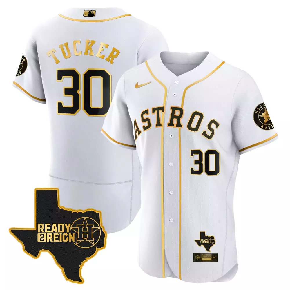 Kyle Tucker 30 Astros Jersey White Ready 2 Reign Texas State Men Black Gold All Stitched