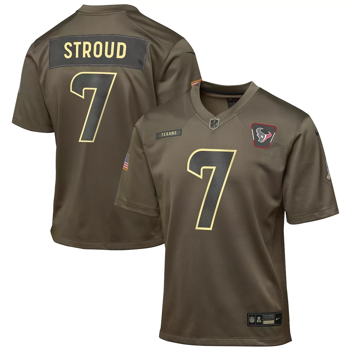 C.j. Stroud 7 Texans Jersey Olive Green USA Flag Houston Men Game Alternate Gold