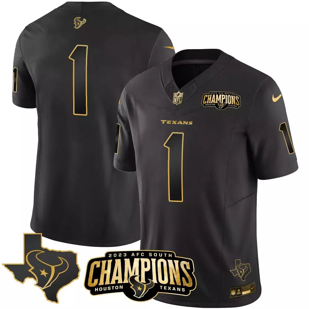 Custom Houston Texans 1 Jersey Black 2023 AFC South Champions Men Gold Vapor All