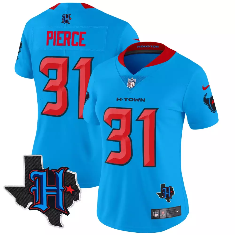 Dameon Pierce 31 Houston Texans Jersey Light Blue H-town Texas Outline Women NFL