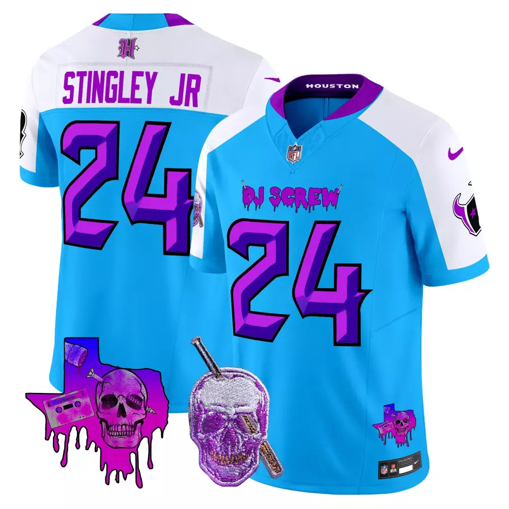 Derek Stingley Jr. 24 Jersey Sky Blue Dj Screw Houston Texans Texas Skull Men Alternate