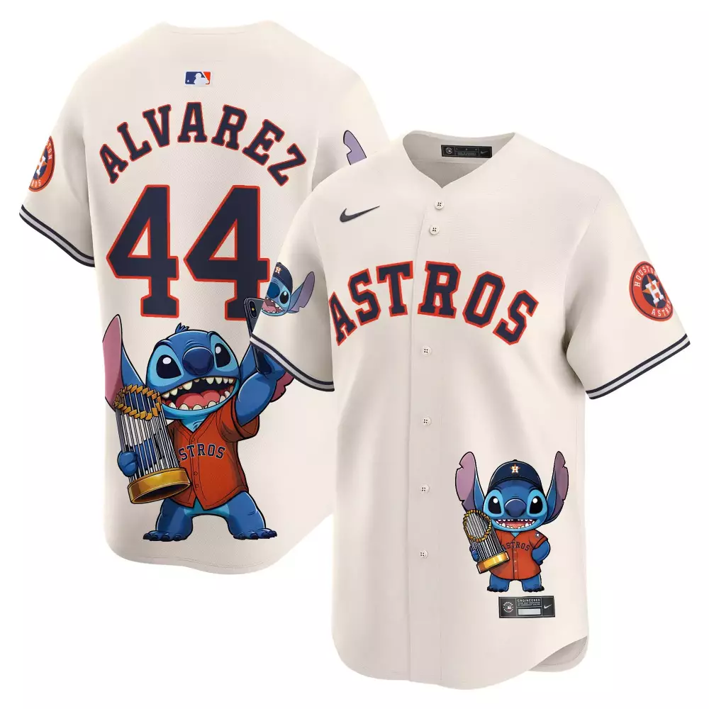 Alvarez 44 Astros Jersey Cream Disney Stitch Houston Holding Trophy Men Navy Orange