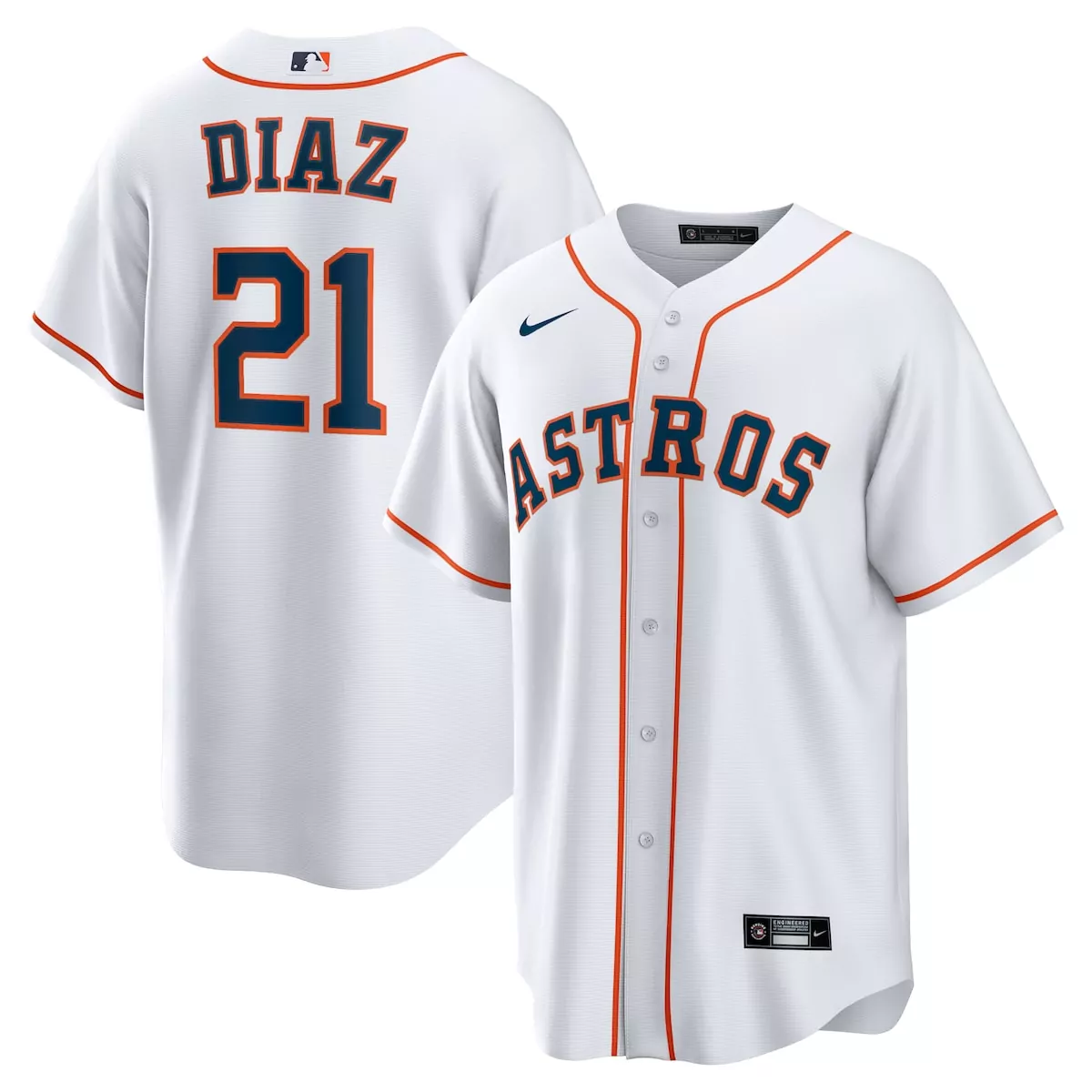 Yainer Diaz 21 Astros Jersey White Button-up Orange Navy Home
