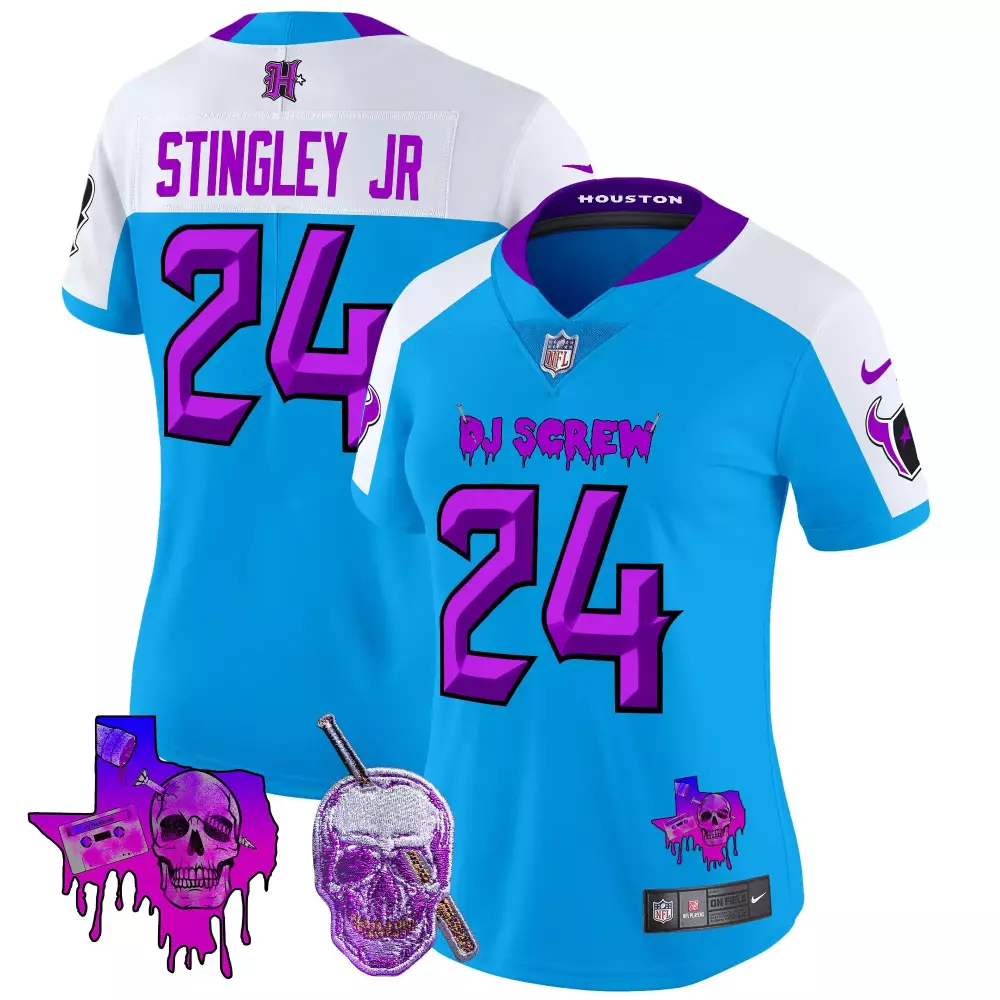 Derek Stingley Jr. 24 Jersey Light Blue Dj Screw Houston Texans Texas Outline Skull Bat