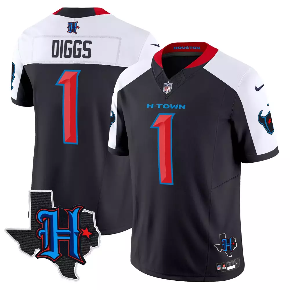 Diggs 1 Houston Texans Jersey Black H-town Skyline Outline Texas Men White Red Blue