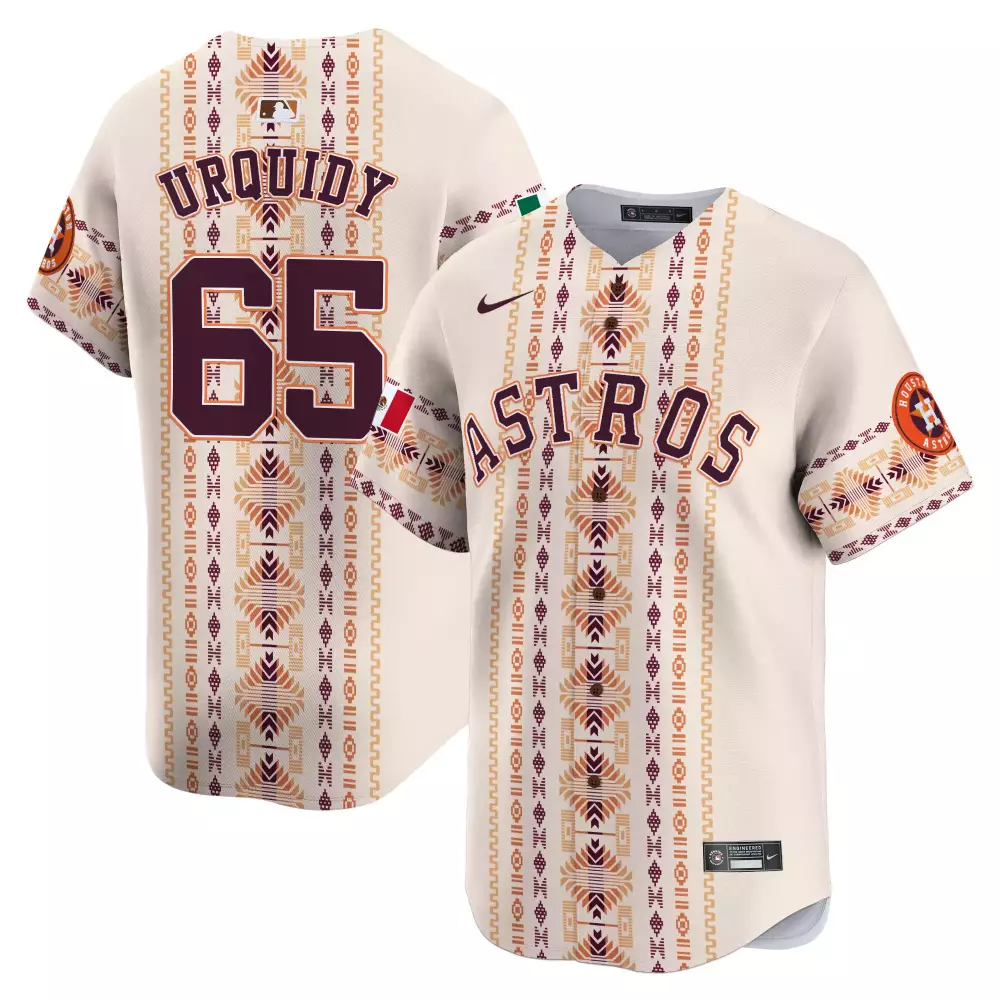 Jose Urquidy 65 Astros Jersey Cream Mexican Flag Men Custom Design Maroon Orange
