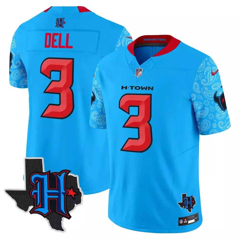 Tank Dell 3 Houston Texans Jersey Light Blue H-town Texas Outline Men Alternate Red