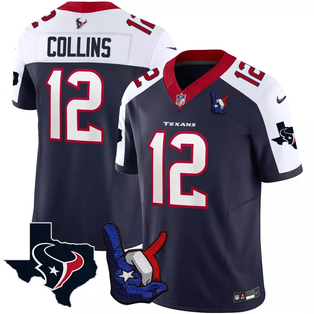 Nico Collins 12 Texans Jersey Navy Texas Outline American Flag Foam Finger Men White