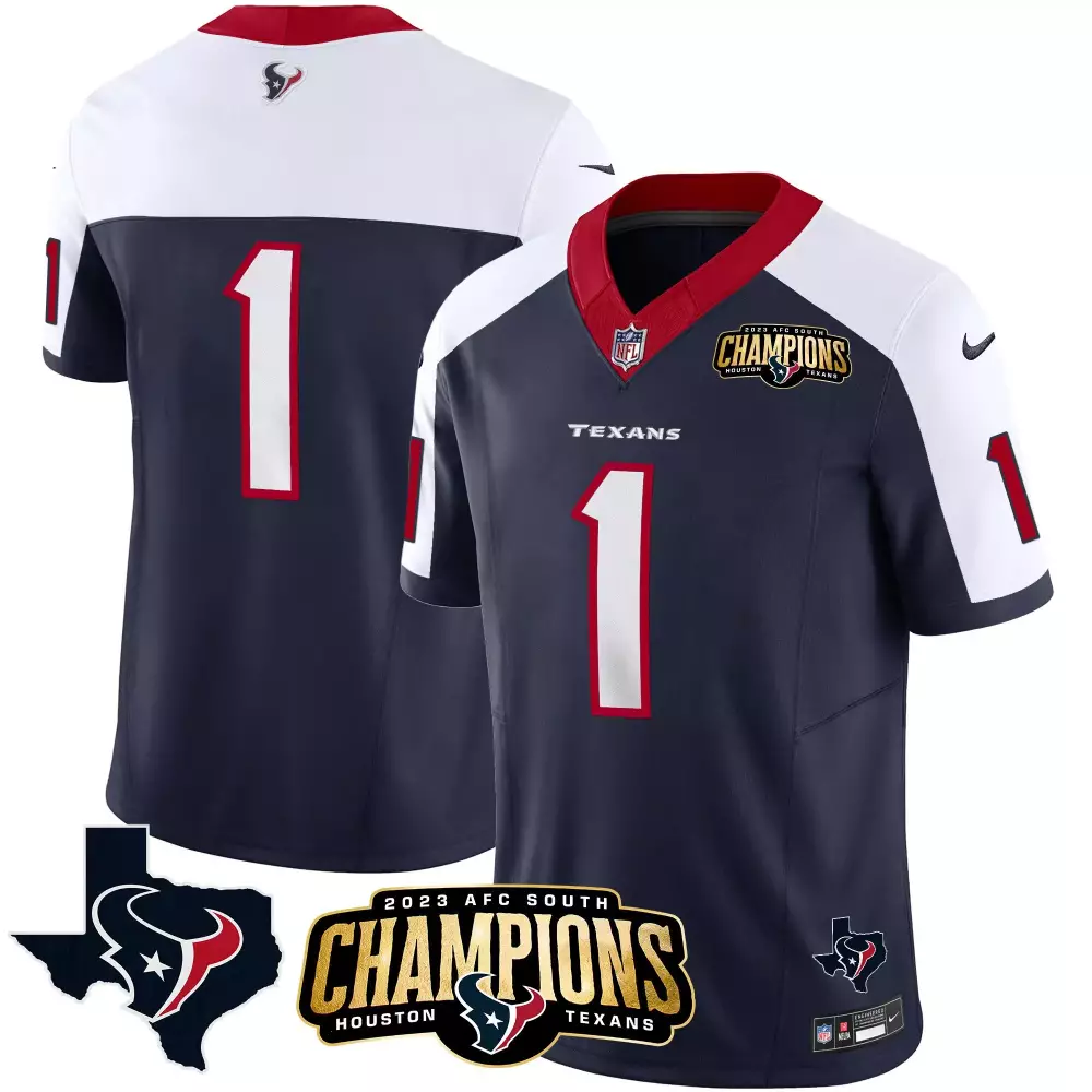 Custom Houston Texans 1 Jersey Navy Blue 2023 AFC South Champions Men Performance