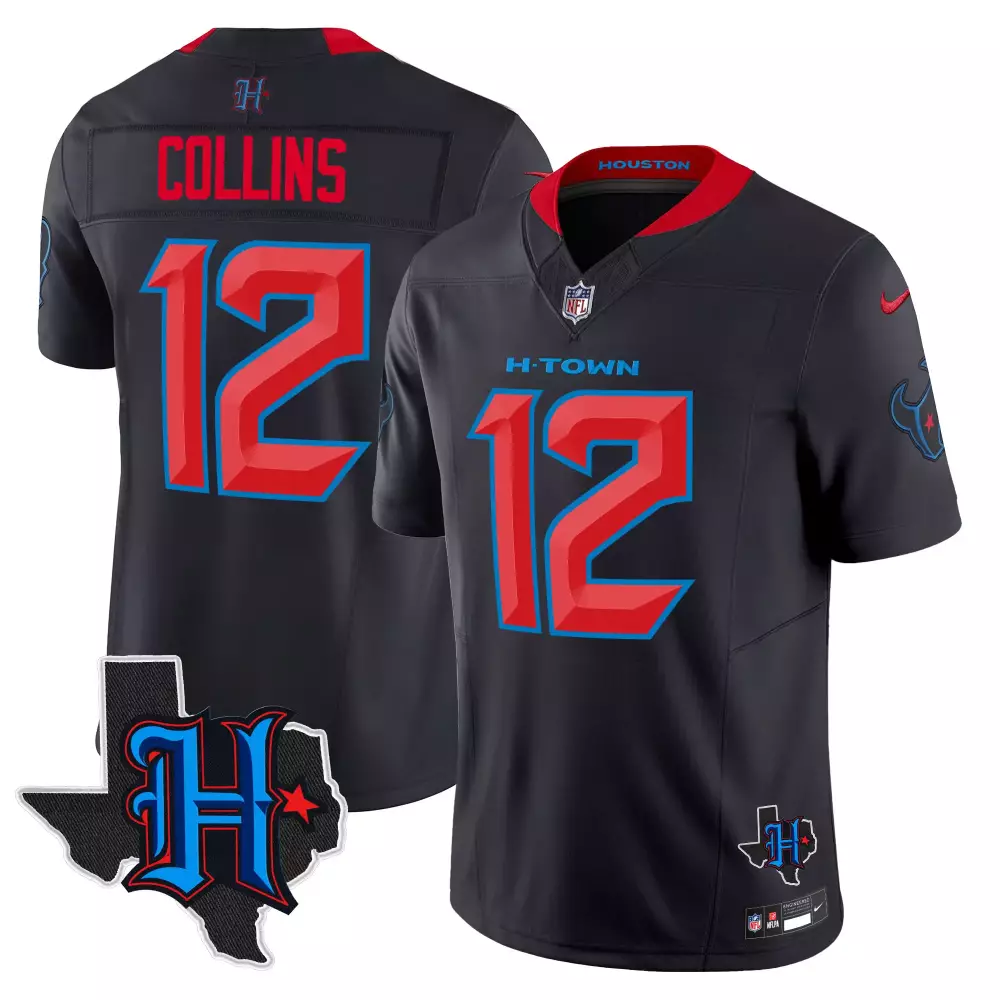 Nico Collins 12 Houston Texans Jersey Black H-town Map Men Alternate Red Blue Vapor