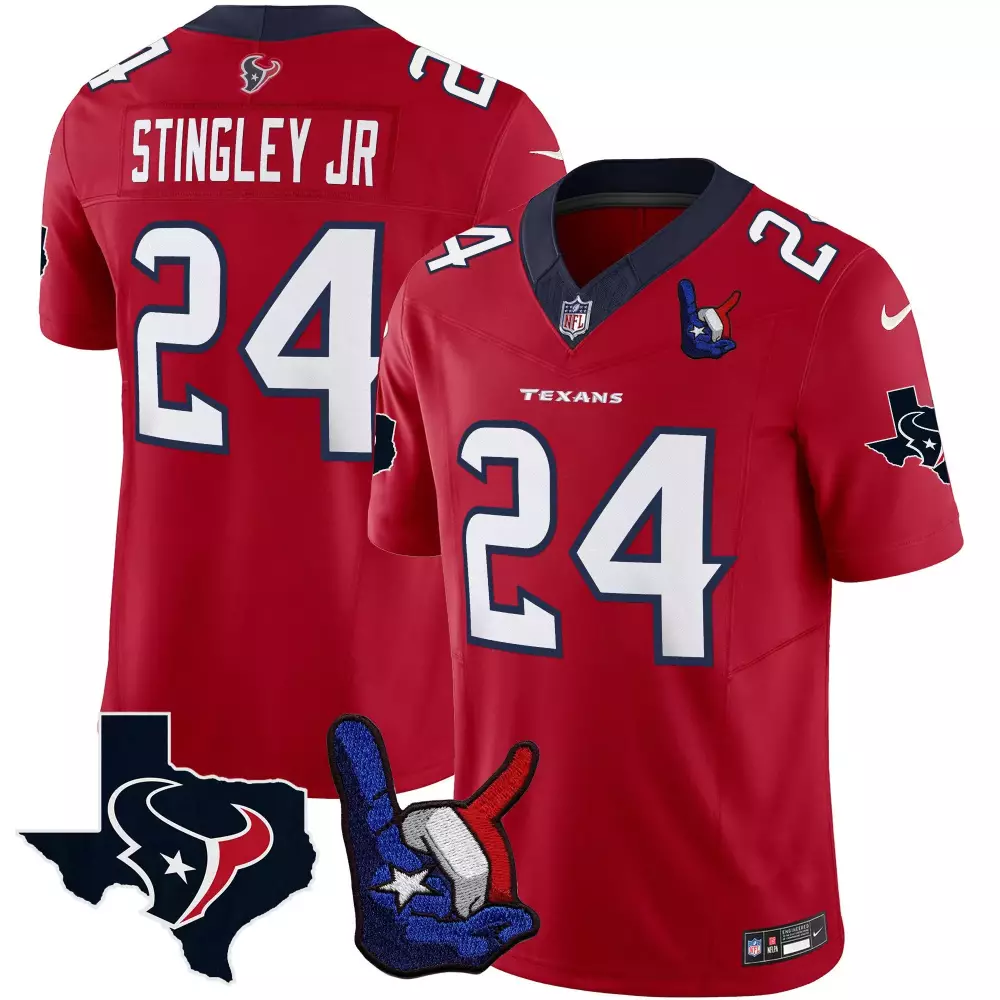 Derek Stingley Jr. 24 Jersey Red Houston Texans Texas State Outline Hand Signal Men