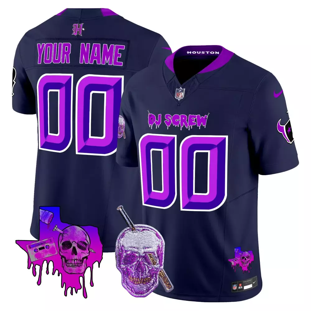 Custom Houston Texans Jersey Navy Blue Dj Screw Skull Baseball Bat Men Purple White