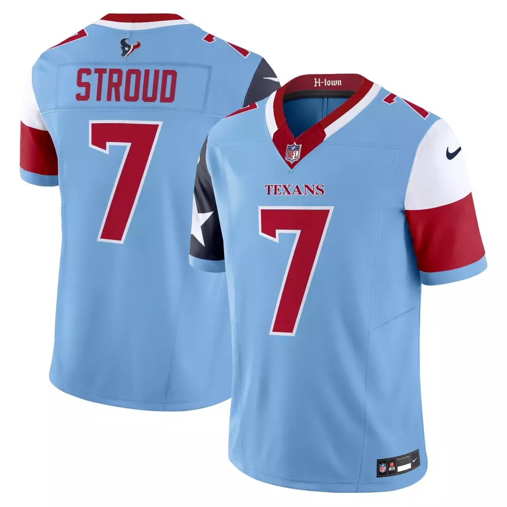 C.j. Stroud 7 Texans Jersey Light Blue Men Alternate Split Design Red White Dark