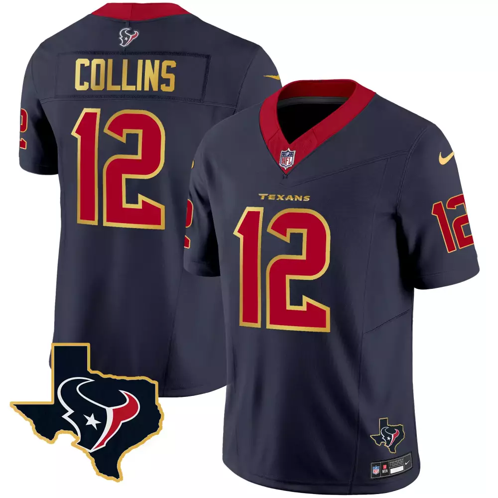 Nico Collins 12 Houston Texans Jersey Navy Blue Men Standard Red Gold All Stitched