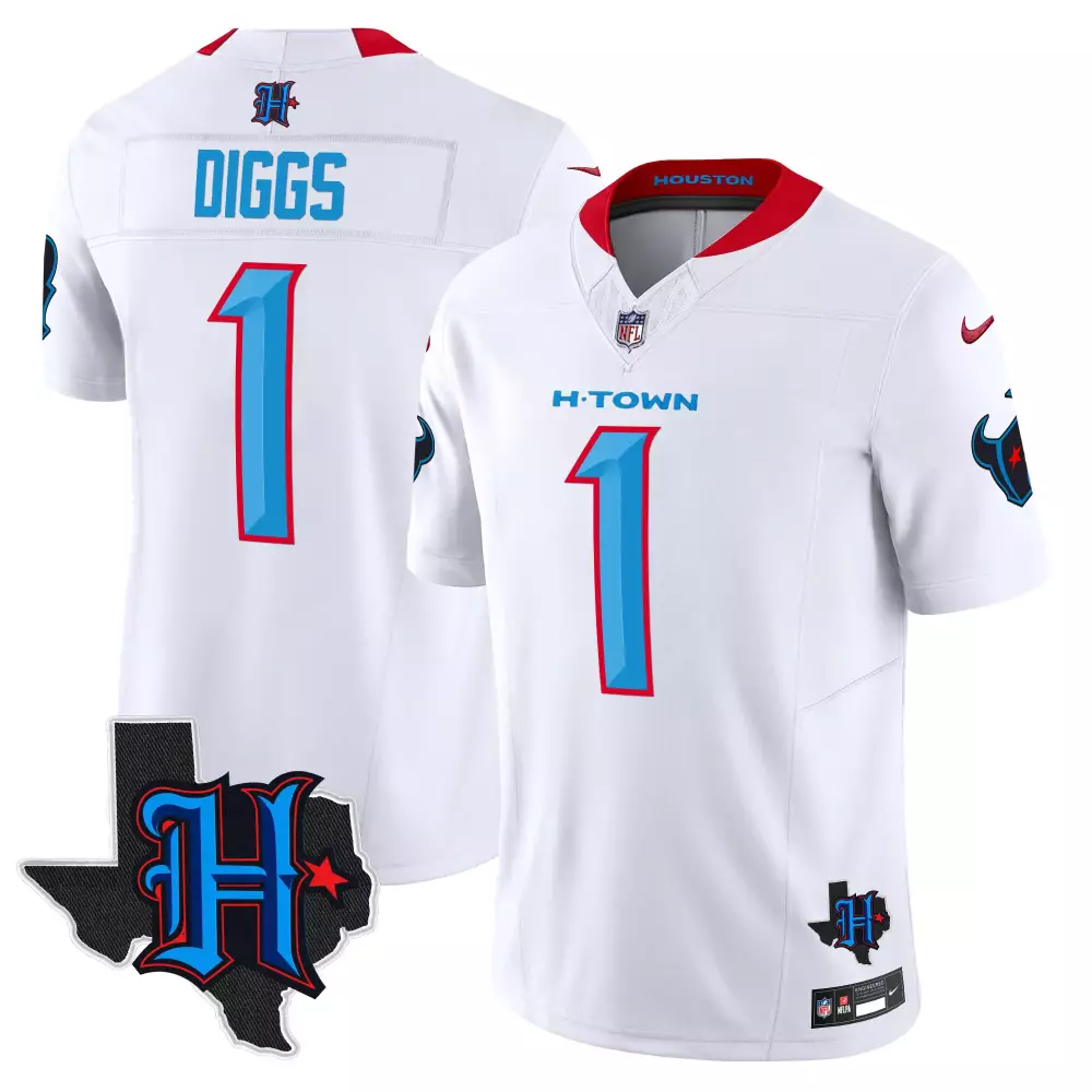 Stefon Diggs 1 Houston Texans Jersey White H-town Map Men Alternate Light Blue Red