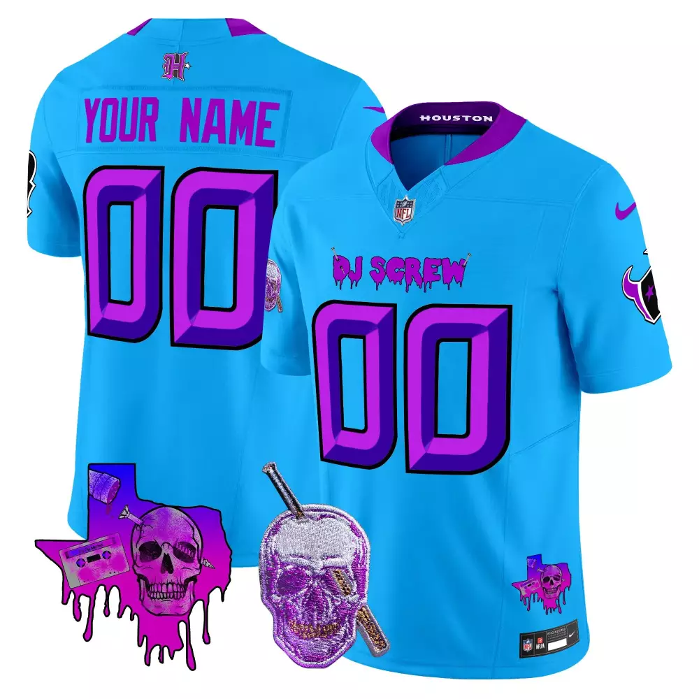 Custom Houston Texans Jersey Light Blue Dj Screw Texas Skull Straw Men Purple Vapor