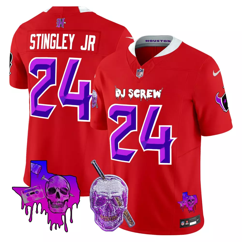 Derek Stingley Jr. 24 Houston Jersey Red Dj Screw Texas Map Skull Men Purple White