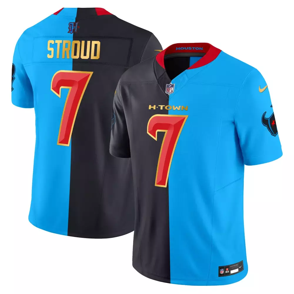 C.j. Stroud 7 Houston Texans Jersey Blue Men Split Design Black Red Vapor Limited