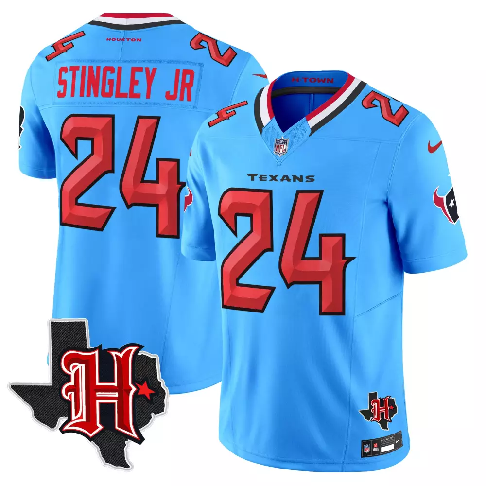 Derek Stingley Jr. 24 Texans Jersey Light Blue Texas Outline Star Men Alternate Red