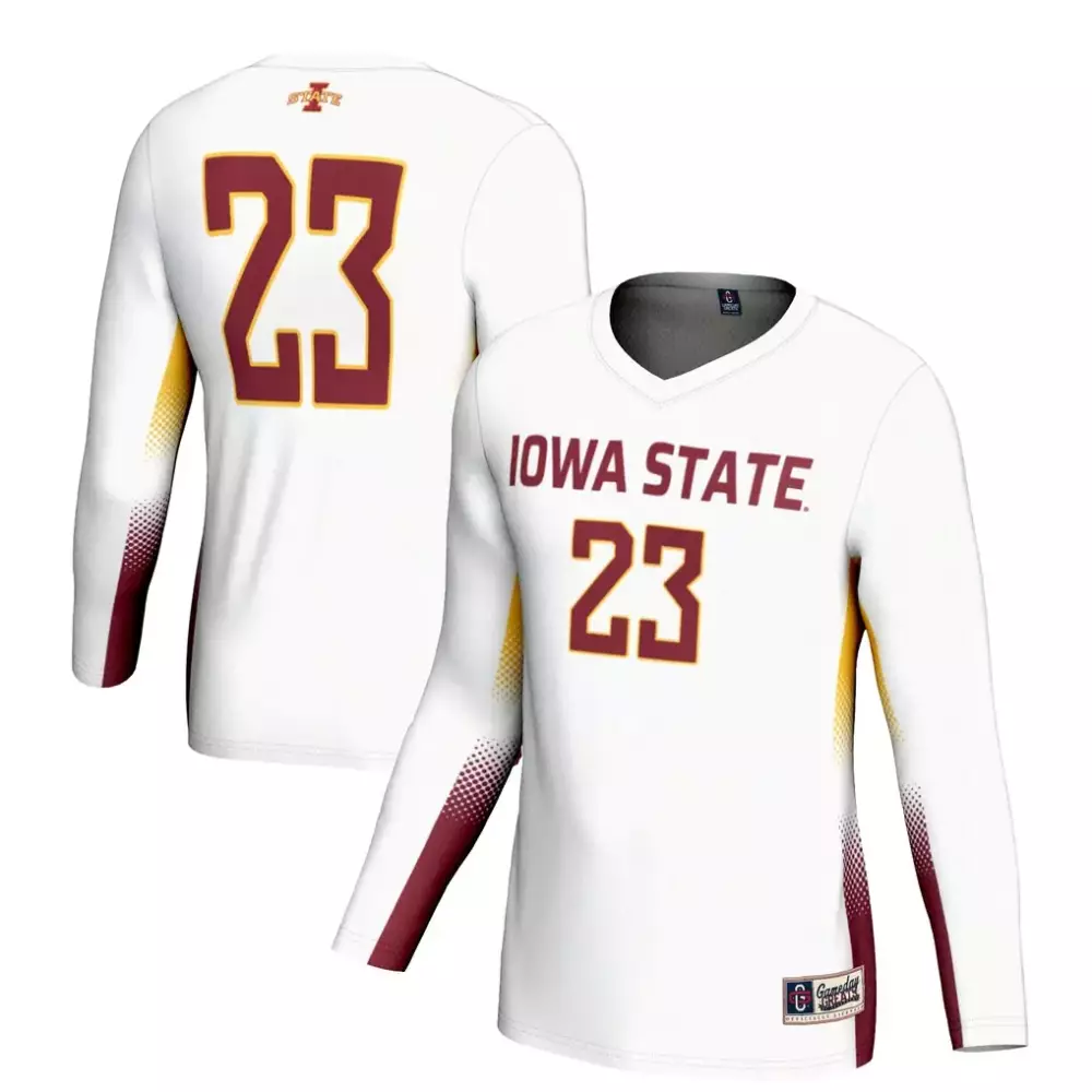 Iowa State 23 Jersey White Long Sleeve T-shirt Split Design Maroon Gold Gameday