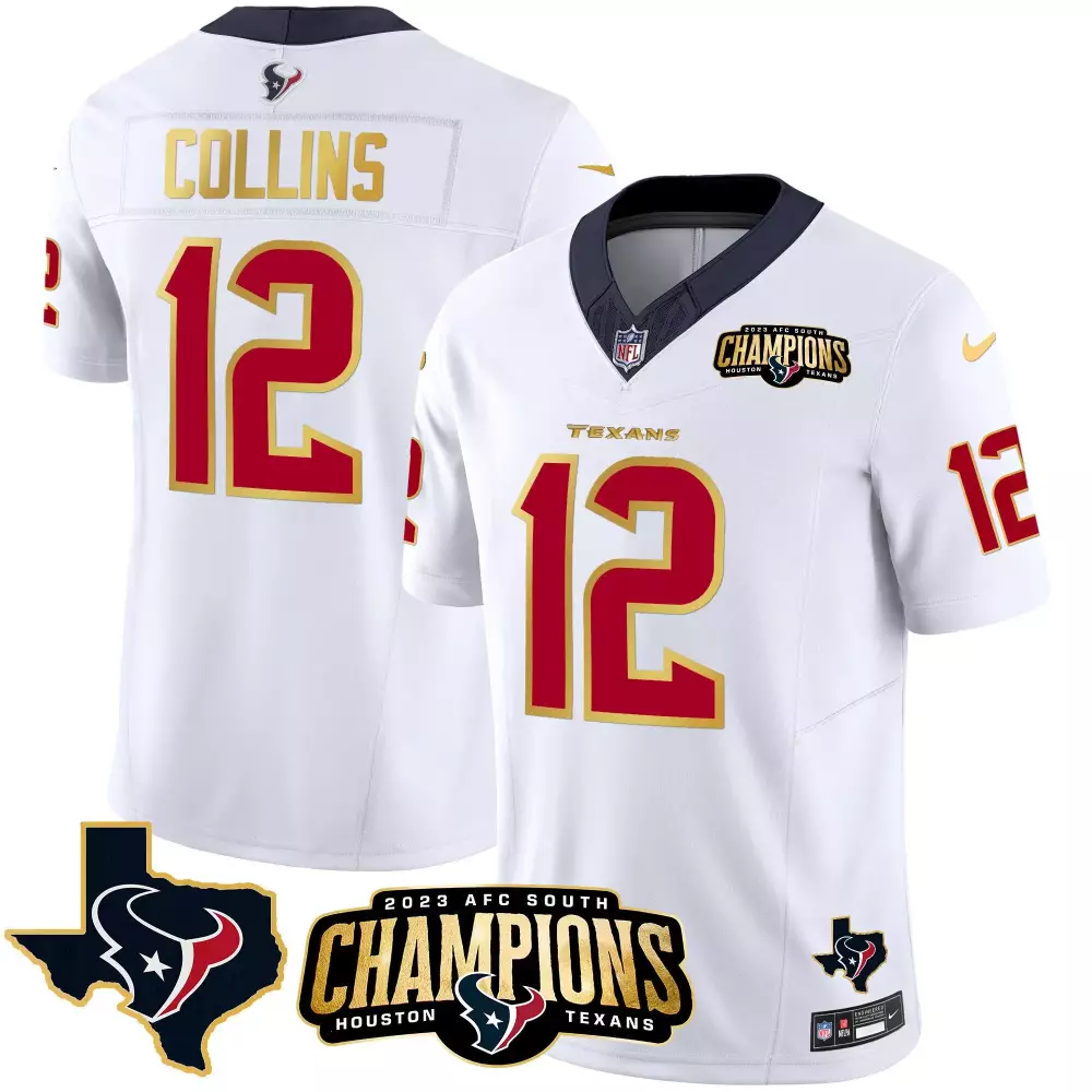 Nico Collins 12 Houston Texans Jersey White AFC South Champions 2023 Men Red Gold