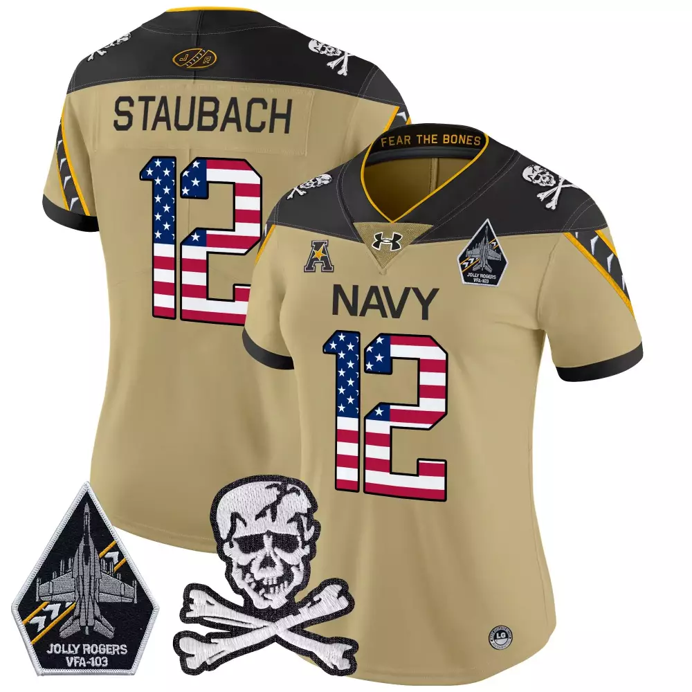 Staubach Independence 12 Navy Jersey Tan Top Gun Jolly Rogers VFA-103 Skull Crossbones