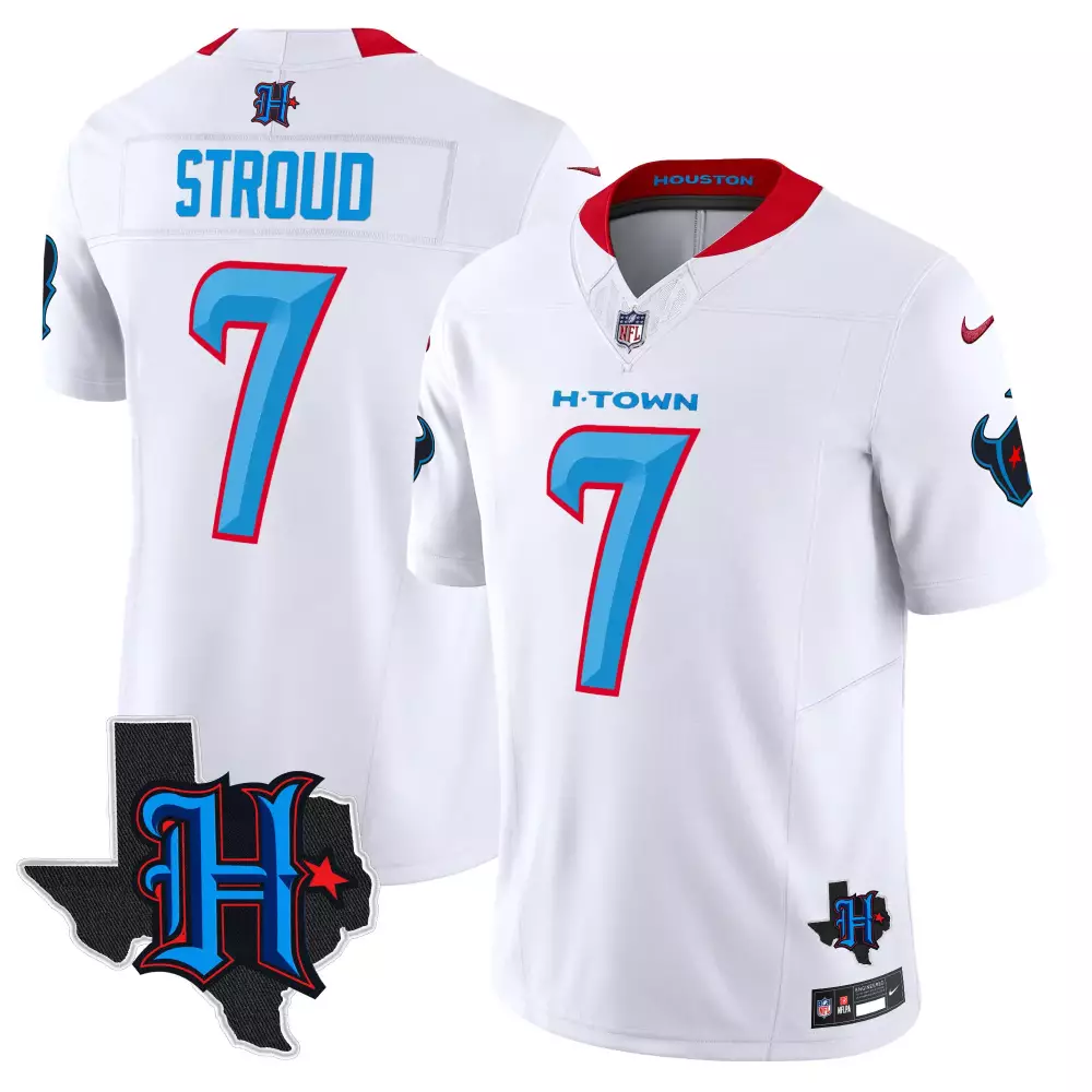 C.j. Stroud 7 Houston Texans Jersey White Texas Shape 'h' Men NFL Alternate Light Blue