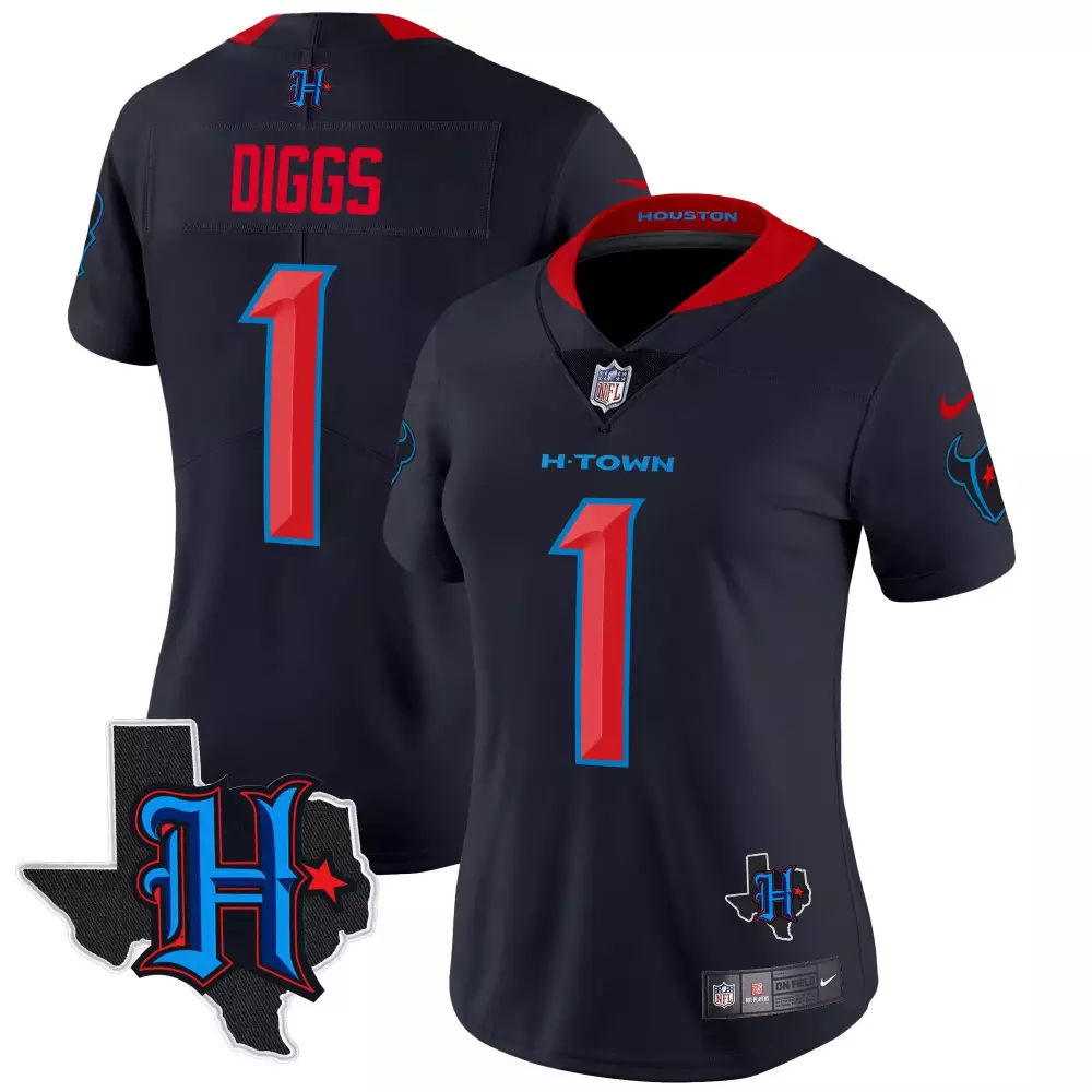 Diggs 1 Houston Texans Jersey Navy H-town Texas Map Women Short Sleeve Red Light Blue