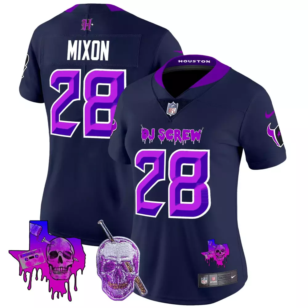 Joe Mixon 28 Houston Texans Jersey Navy Dj Screw Skull Dagger Men Player Purple Limited